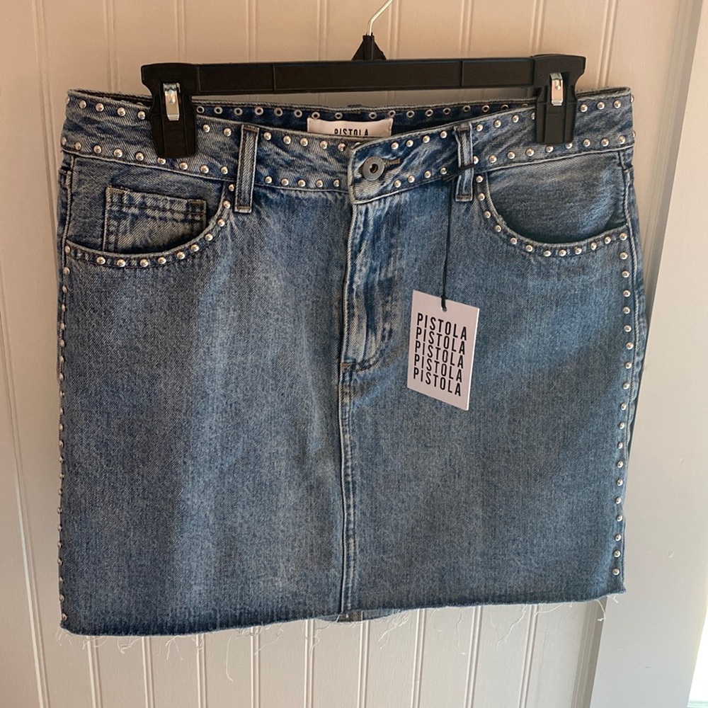 Pistola mini denim silver studded jean frayed hem skirt size 29 NWT